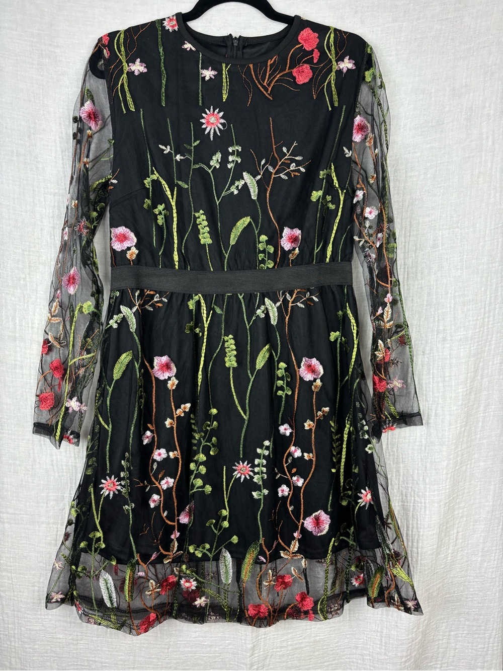 Shein Black Floral AOP Embroidered Sheer Long Sleeve Dress Size L